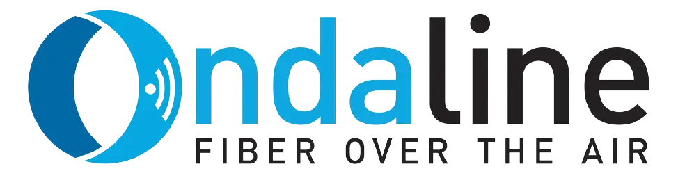 Logo di Ondaline, Wireless Internet Service Provider che fornisce connessioni a internet senza filo. Oltre alla scritta 'Ondaline' è presente anche lo slogan 'FIBER OVER THE AIR'.